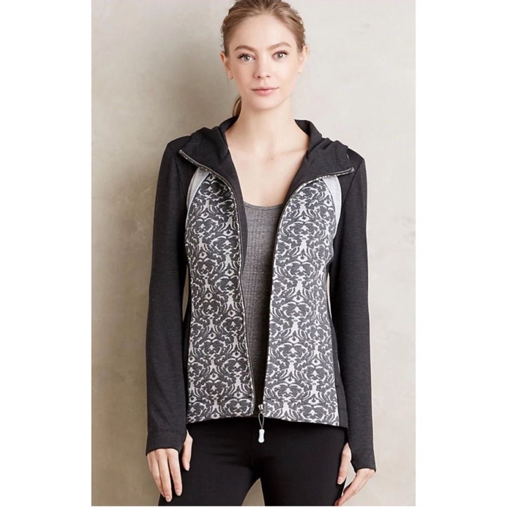 Anthropologie Tara Jacquard Hoodie Zip Sweatshirt Gray Black Hooded Size‎ Medium